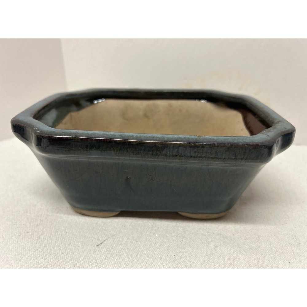 Teal Blue Glazed Ceramic Bonsai Pot Rectangular Scalloped Corner Planter 8"